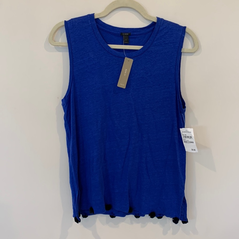 J. Crew Blue Sleeveless Blouse with Black Pom Poms on Bottom Size S